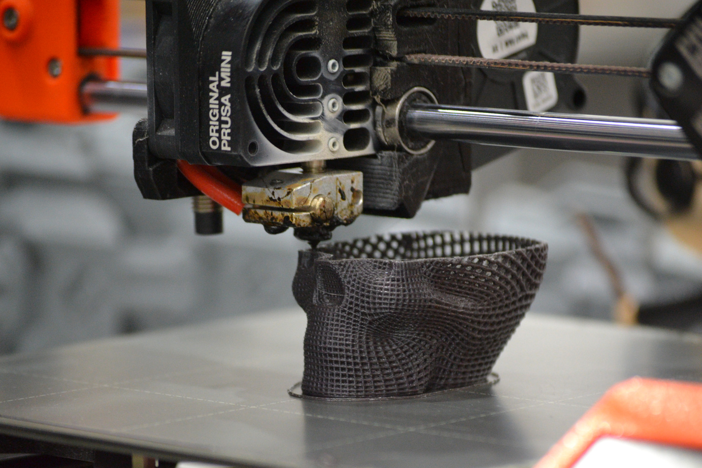 3D Printer Printing Prototype of Human Skull from Molten Plastic. Process of Creating Prototype